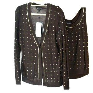St. John Large Studded Sweater Set Cardigan & Vest Mahogany Brown NWT MSRP $1090